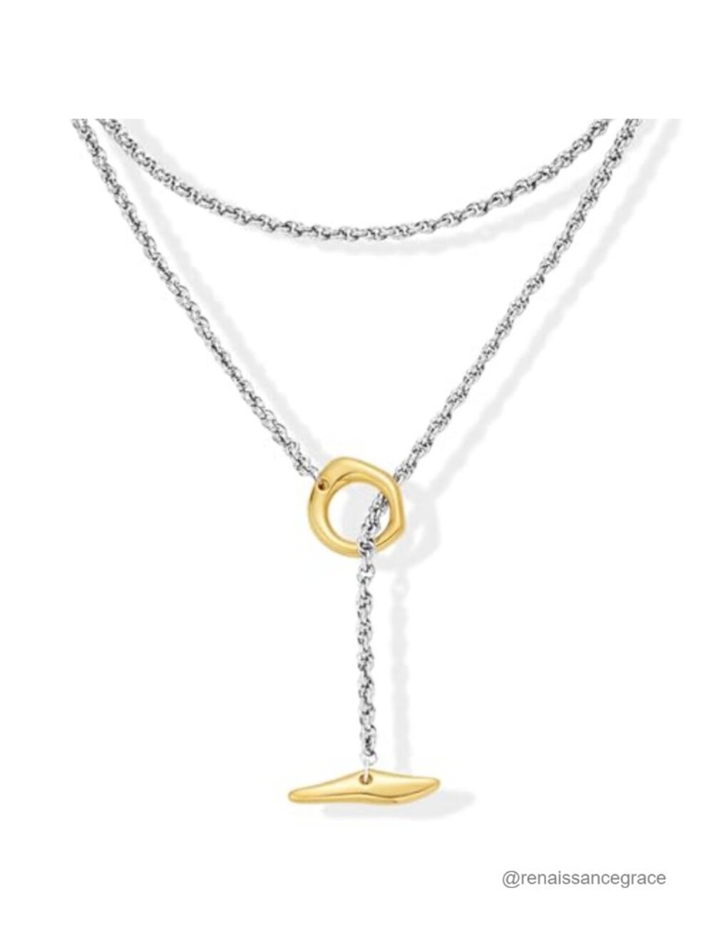 Two Tone Lariat Y Necklace Women Silver Gold Adjustable Layered Chain Dainty